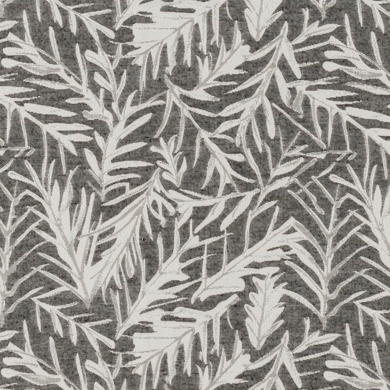 Charcoal woven ground with pale leafy botanical branches in a dense repeat