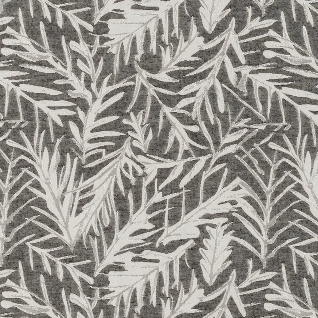 Charcoal woven ground with pale leafy botanical branches in a dense repeat