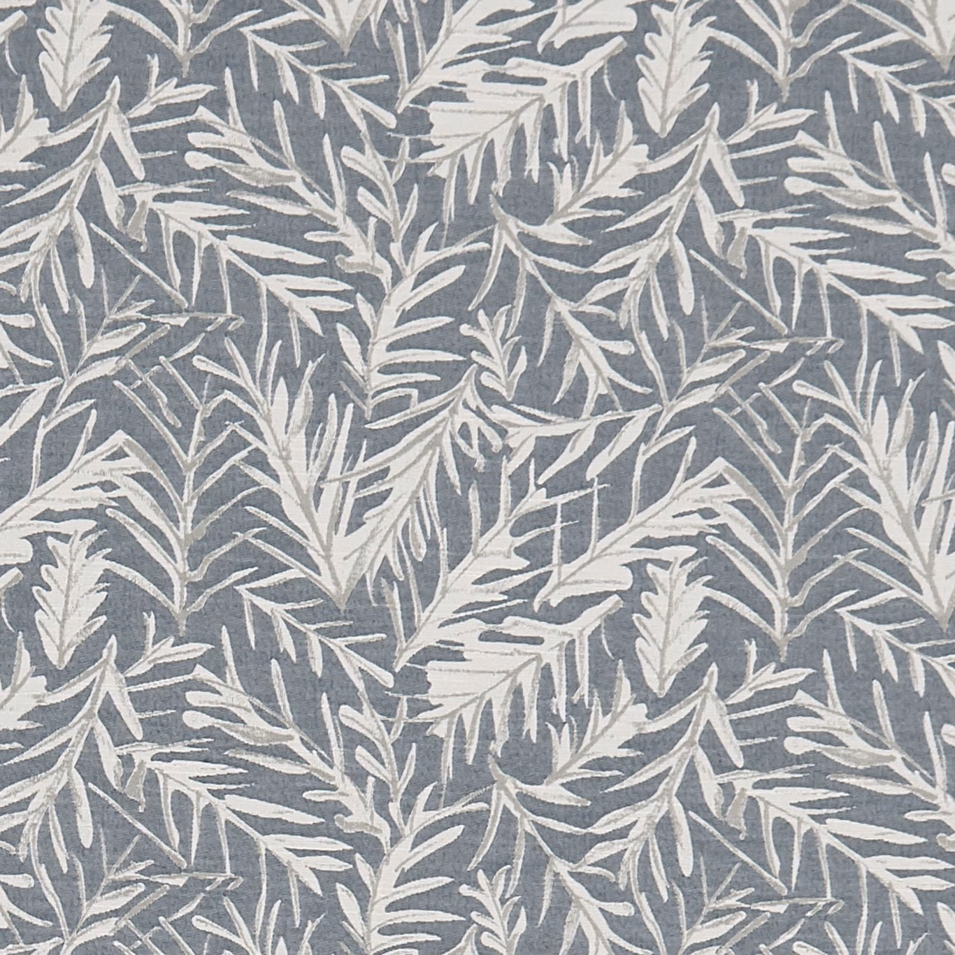 Muted denim-blue ground with intertwined ivory leafy branches in a woven finish