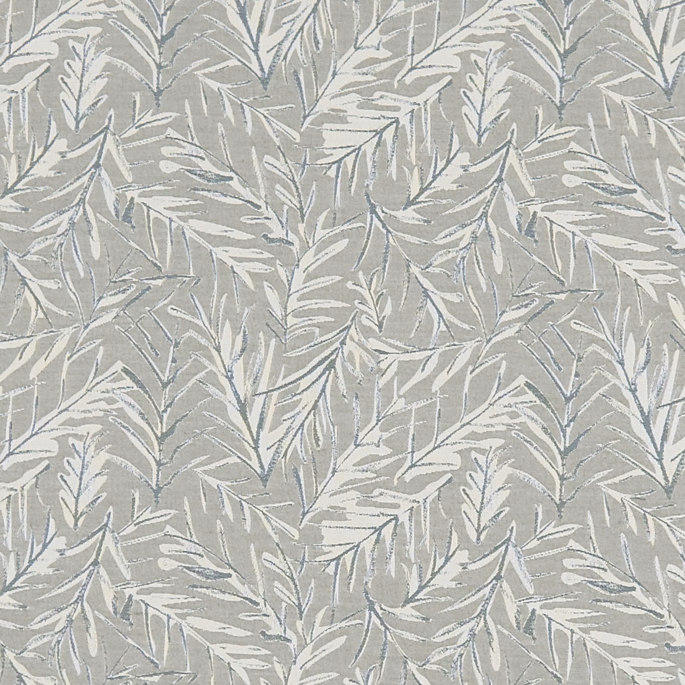 Cool grey-green woven fabric with pale feathery leafy branches and blue-grey detail