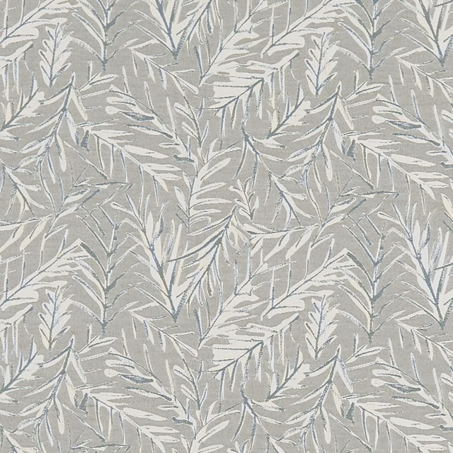 Cool grey-green woven fabric with pale feathery leafy branches and blue-grey detail
