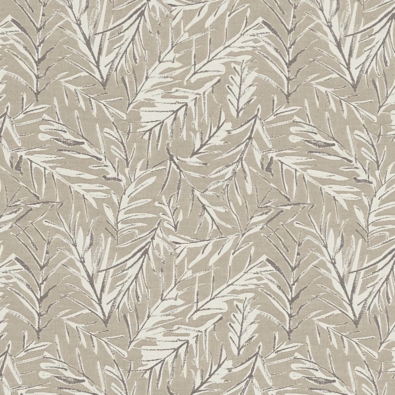 Warm taupe fabric with chalky cream leafy branches and a softly woven texture