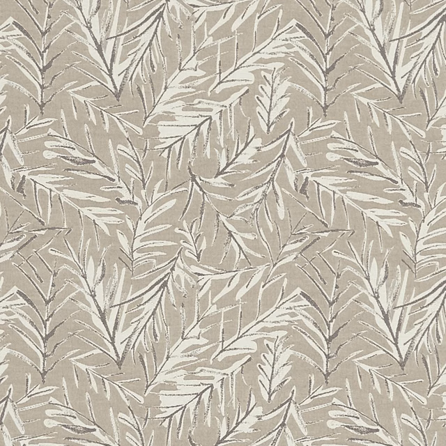 Warm taupe fabric with chalky cream leafy branches and a softly woven texture