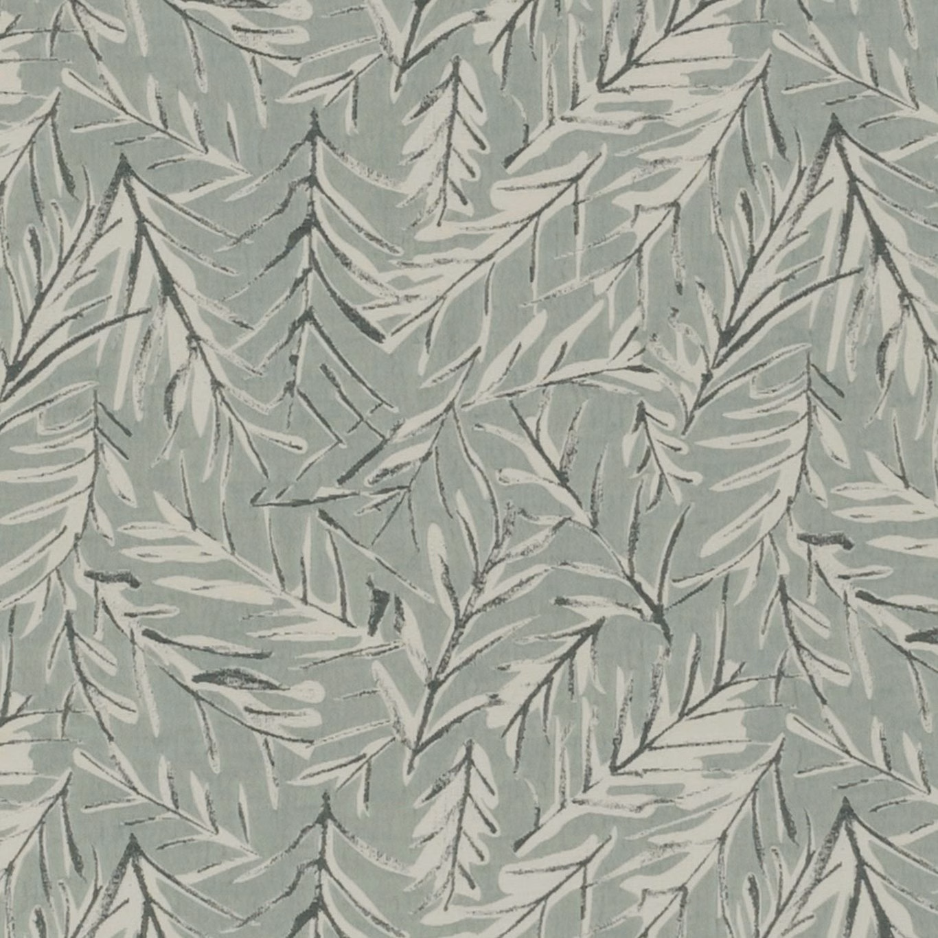 Mineral sage fabric with layered pale leafy sprays and charcoal botanical outlines