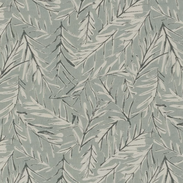 Mineral sage fabric with layered pale leafy sprays and charcoal botanical outlines