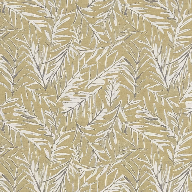 Warm ochre woven fabric with ivory leafy sprigs and fine grey outlines