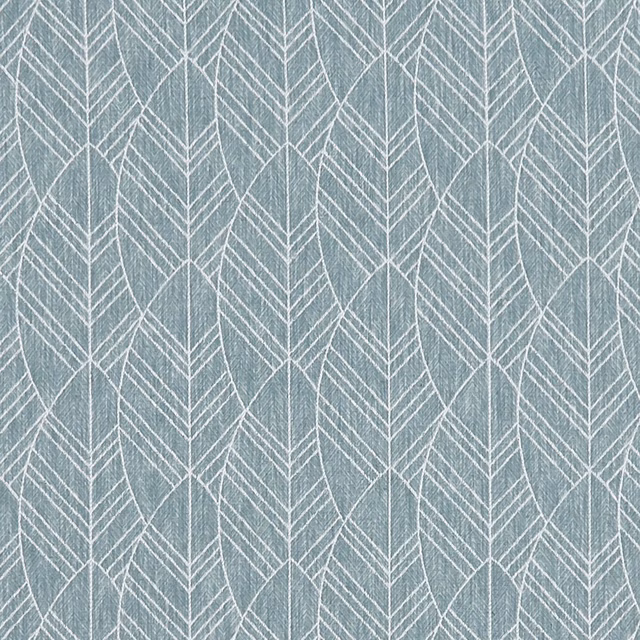 Muted blue-grey woven fabric with pale repeating leaf and chevron lines