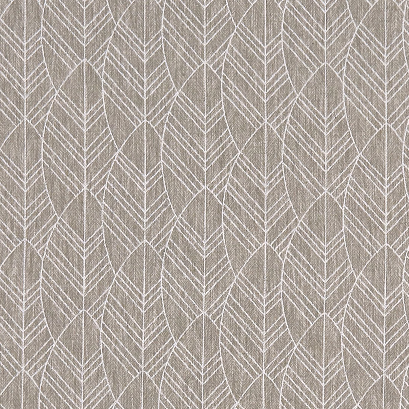 Taupe-grey woven fabric with repeating ivory outlined feather and leaf motifs