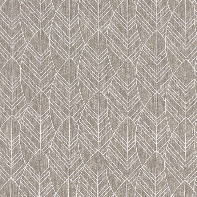 Taupe-grey woven fabric with repeating ivory outlined feather and leaf motifs