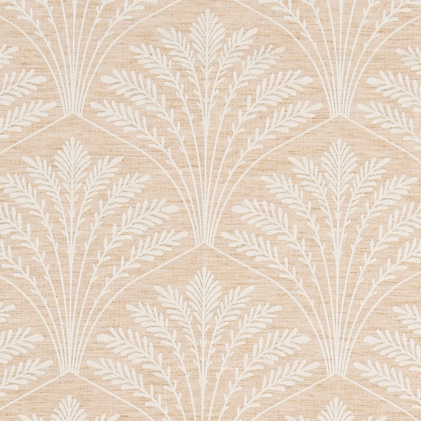 Soft blush woven fabric with ivory fan-shaped botanical sprays and leafy branches