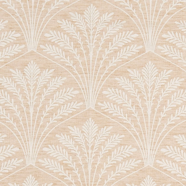 Soft blush woven fabric with ivory fan-shaped botanical sprays and leafy branches