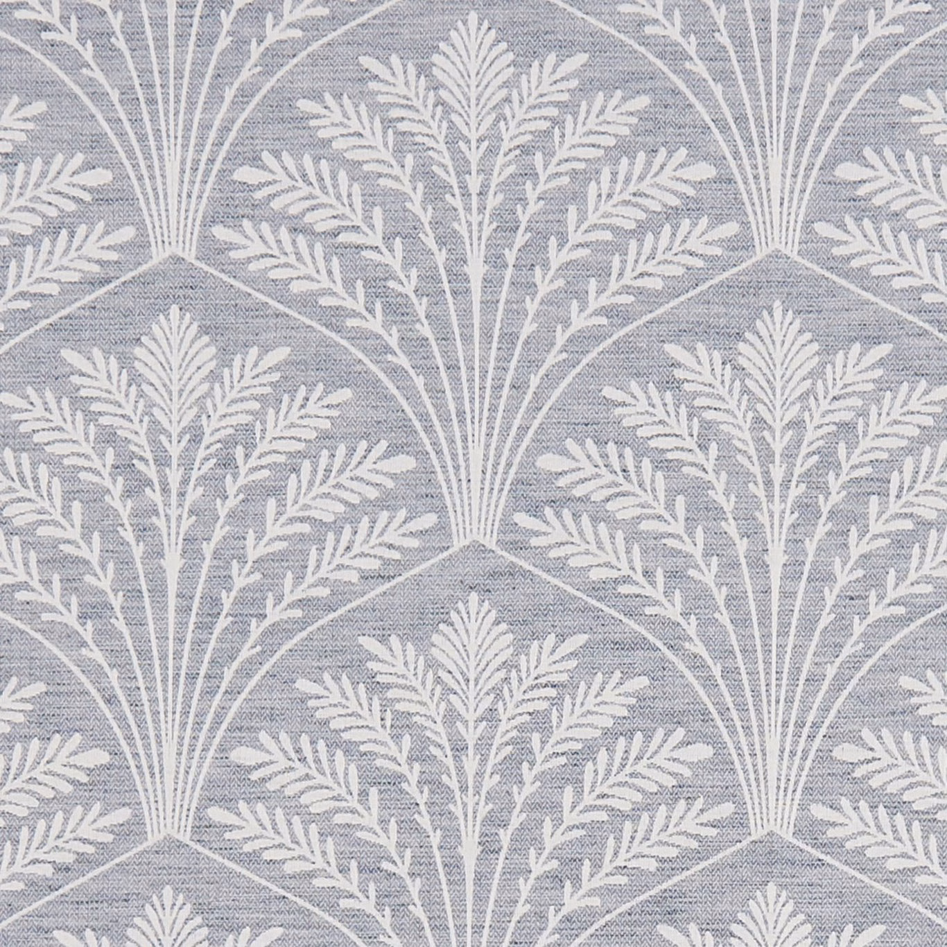 Cool blue-grey woven fabric with repeating ivory fan-shaped botanical sprays