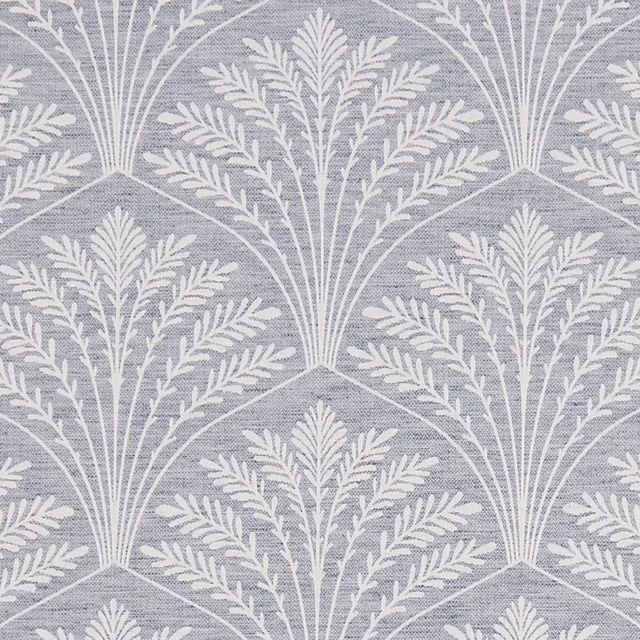 Cool blue-grey woven fabric with repeating ivory fan-shaped botanical sprays