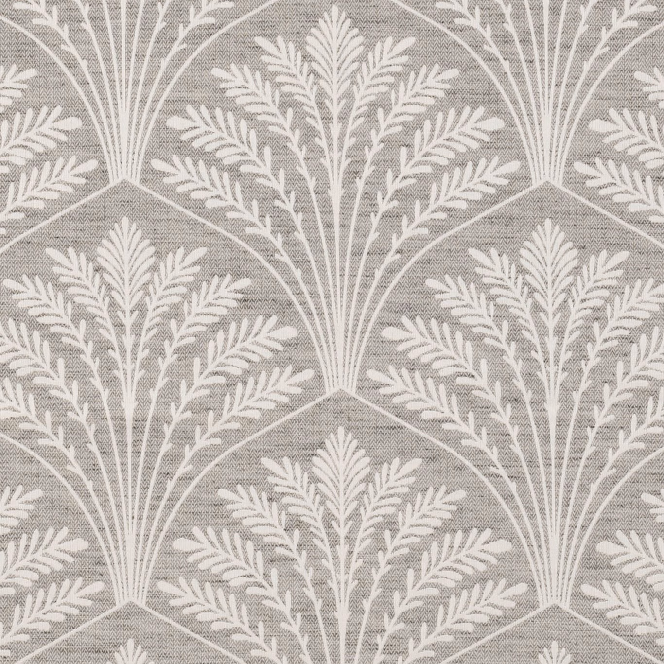Cool charcoal-grey fabric with ivory Art Deco fans, foliage and fine woven texture