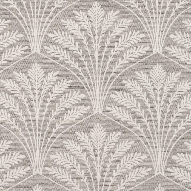 Cool charcoal-grey fabric with ivory Art Deco fans, foliage and fine woven texture