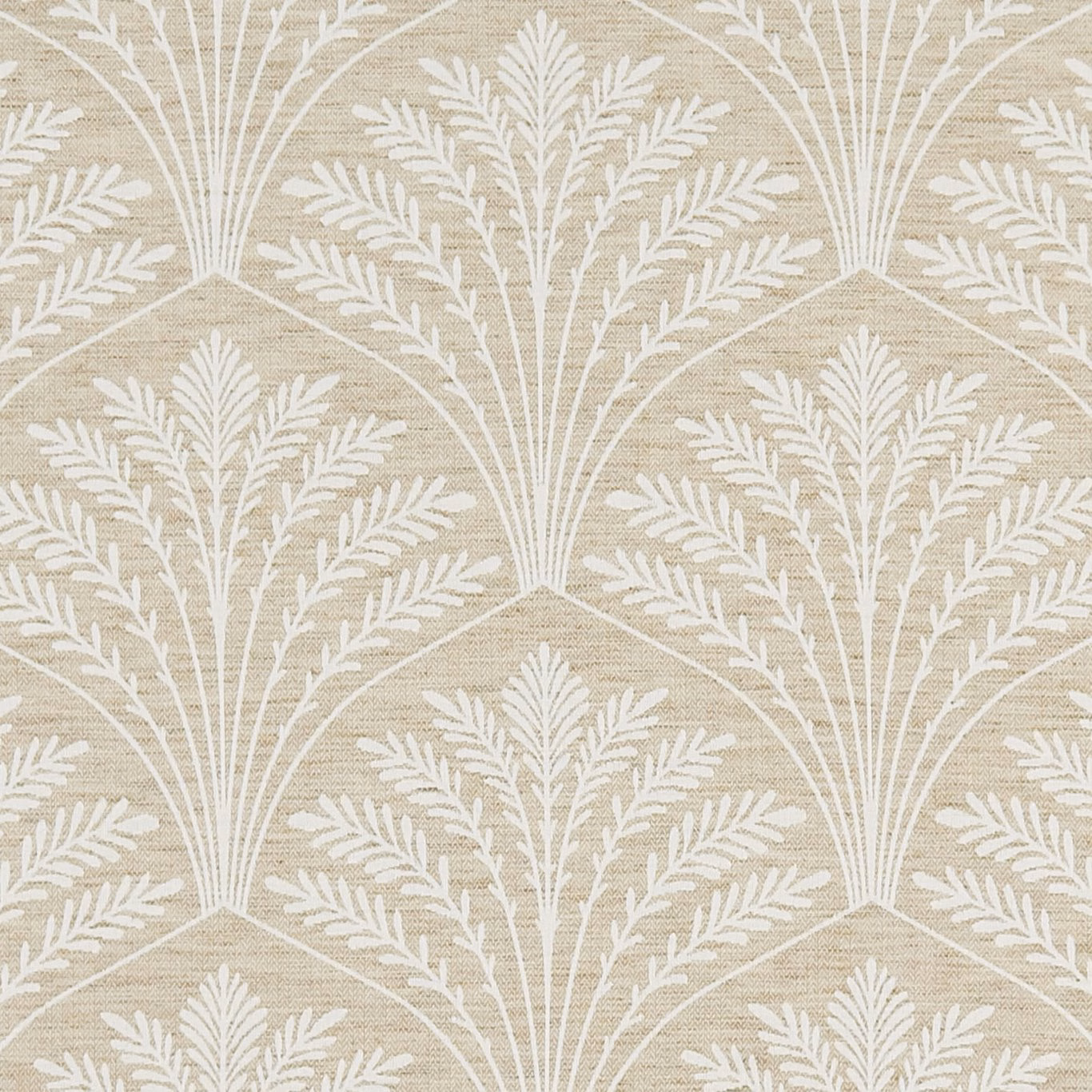 Warm sand-beige fabric with ivory fan-shaped botanical sprays and fine horizontal texture