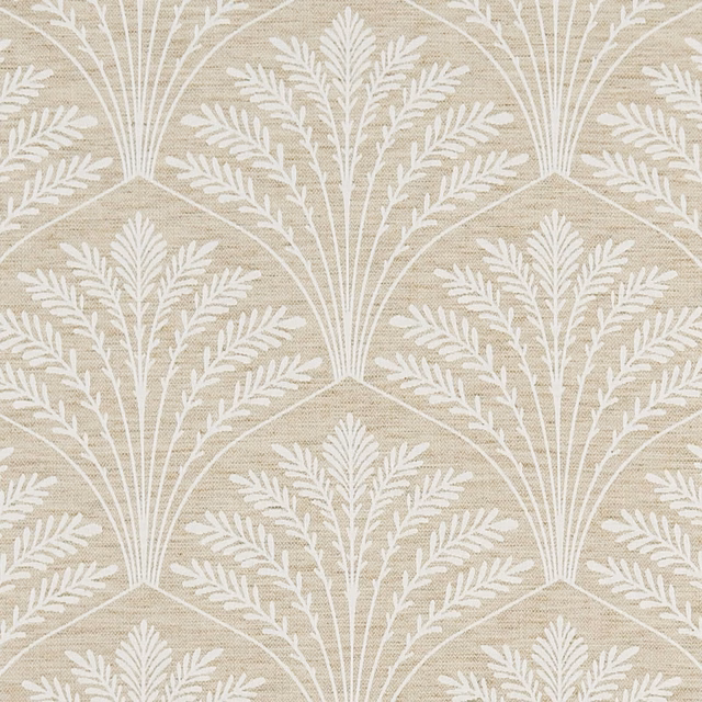 Warm sand-beige fabric with ivory fan-shaped botanical sprays and fine horizontal texture