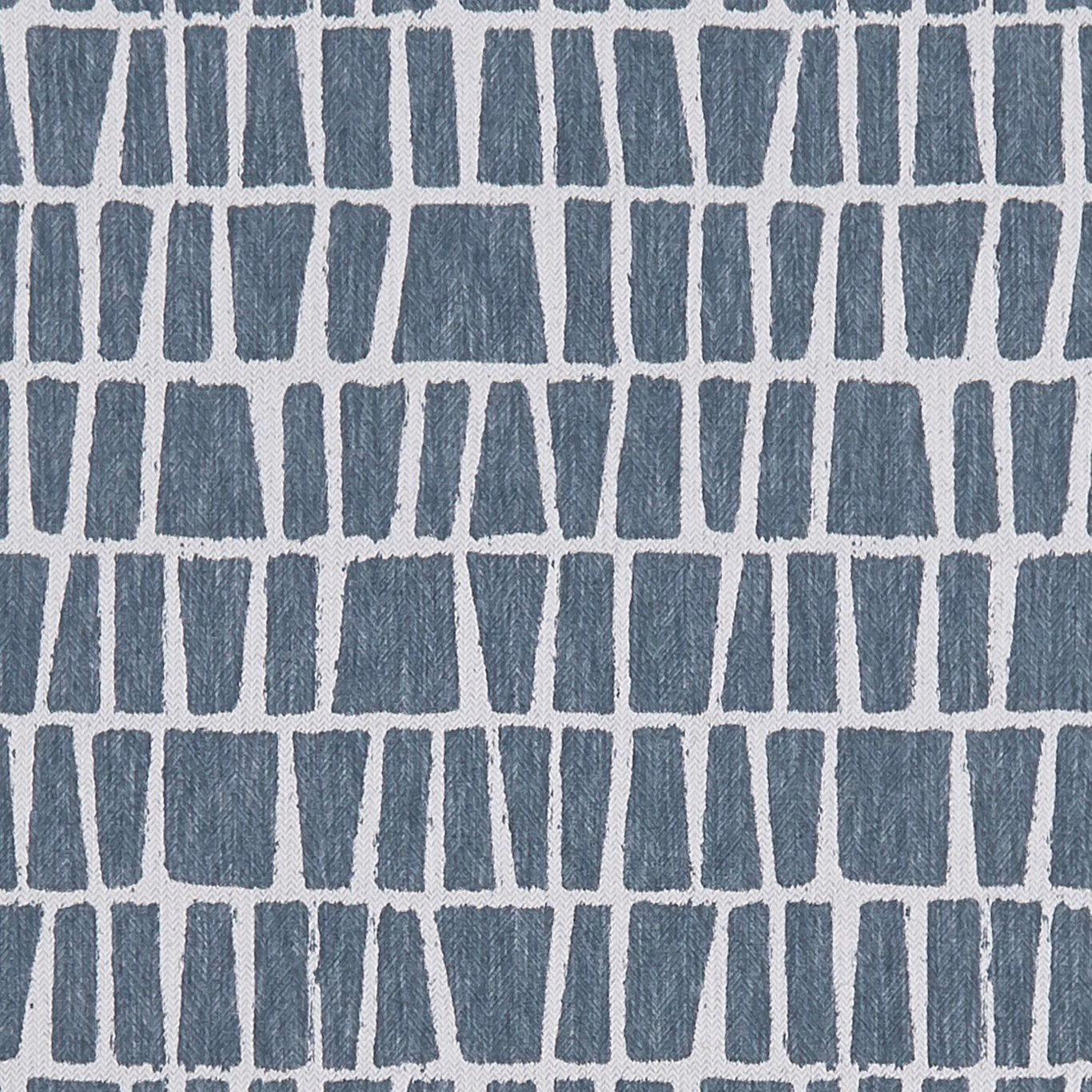 Muted denim-blue woven fabric with irregular vertical blocks and ivory grid lines