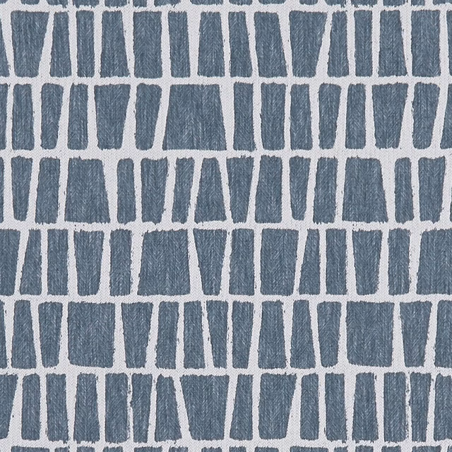 Muted denim-blue woven fabric with irregular vertical blocks and ivory grid lines