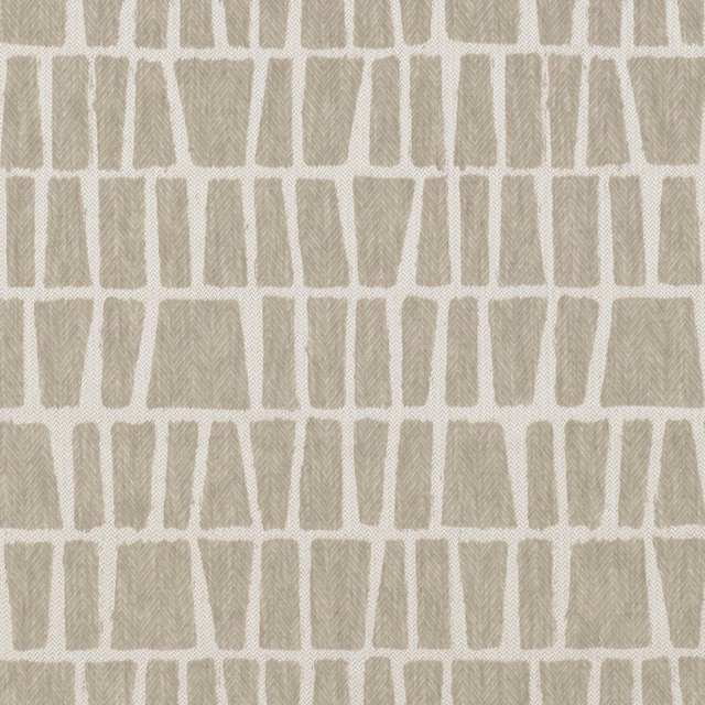 Soft greige fabric with irregular taupe blocks, pale grid lines and fine herringbone texture