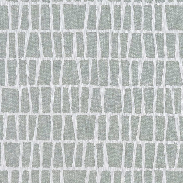 Pale mineral sage woven fabric with irregular blocks and fine herringbone texture