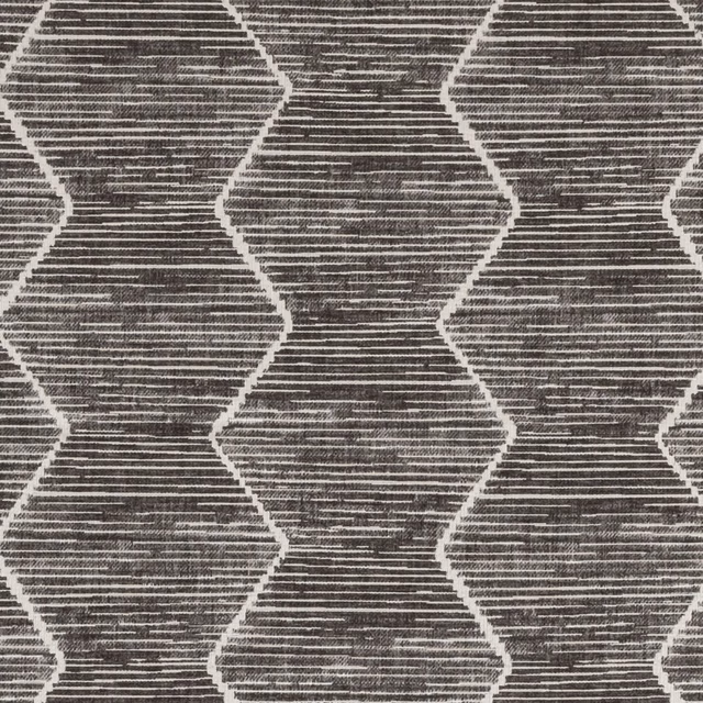 Charcoal-grey woven textile with cream outlined geometric forms and horizontal striations