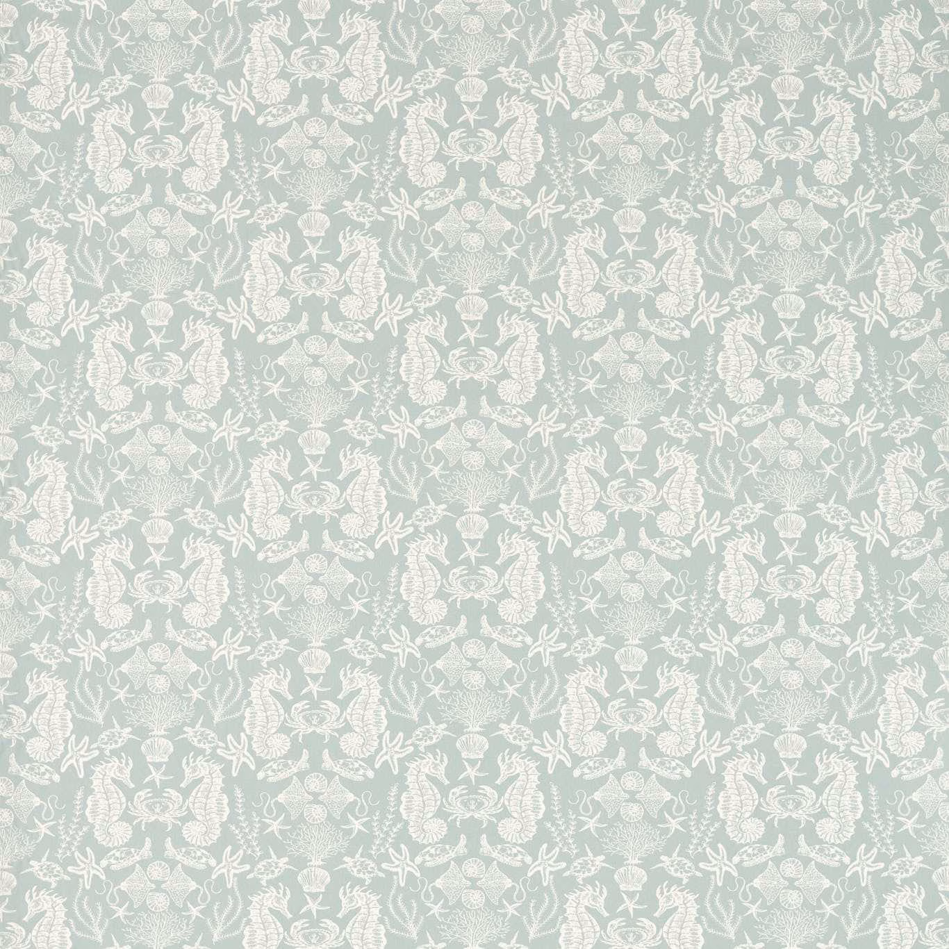 Pale mineral-aqua fabric with white starfish, shells, coral and crest motifs