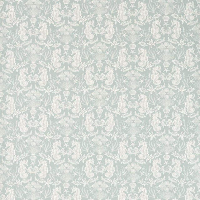 Pale mineral-aqua fabric with white starfish, shells, coral and crest motifs