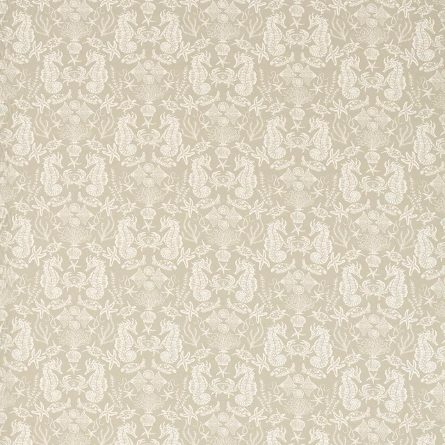 Pale greige woven fabric with ivory botanical damask and shell-like motifs