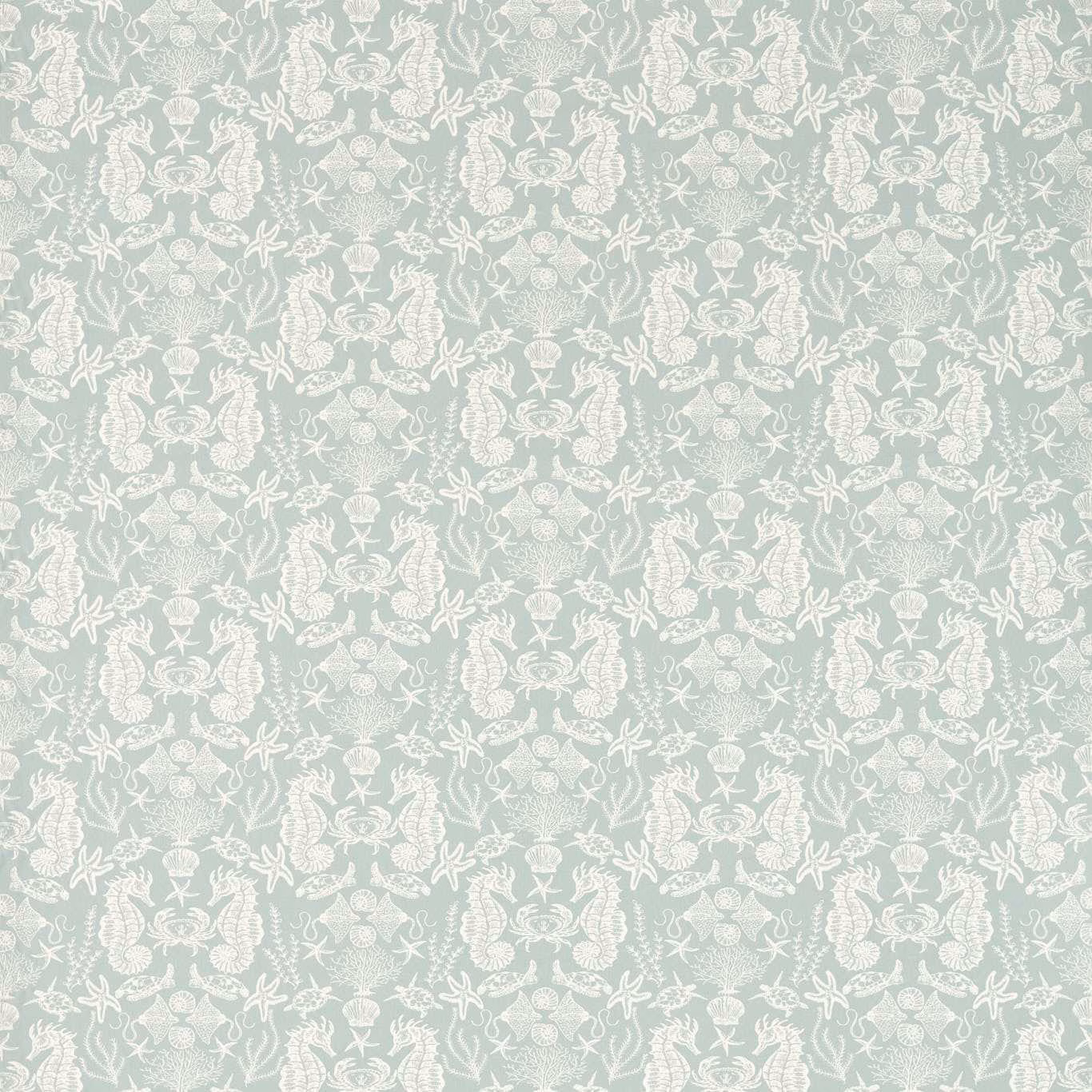 Pale aqua-mint fabric with an intricate white coral, shell and starfish repeat