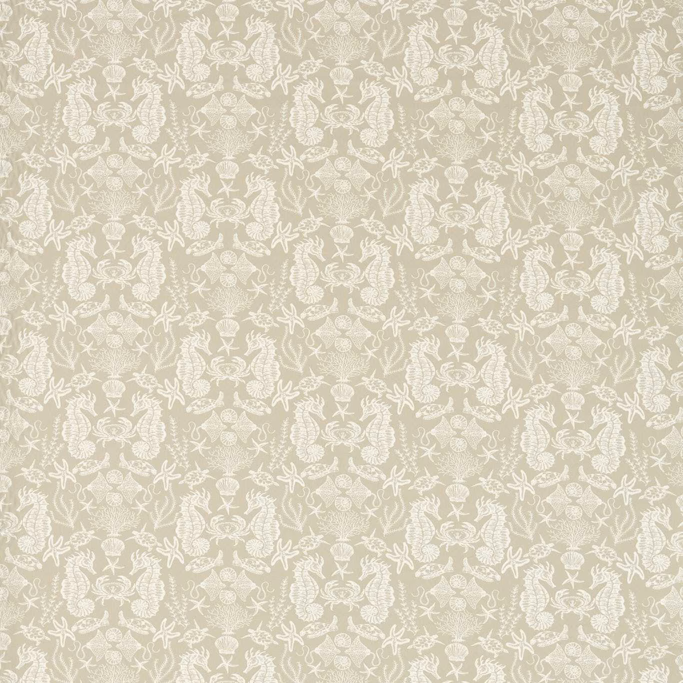 Pale sage-greige textile with ivory botanical damask motifs and fine woven texture