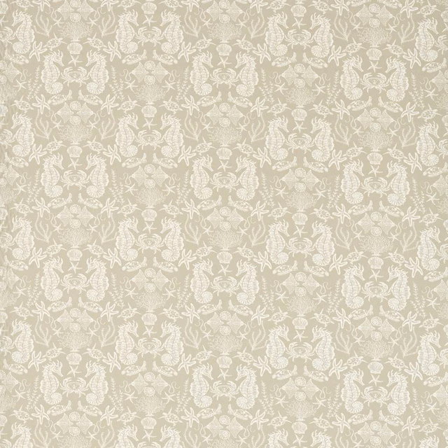Pale sage-greige textile with ivory botanical damask motifs and fine woven texture