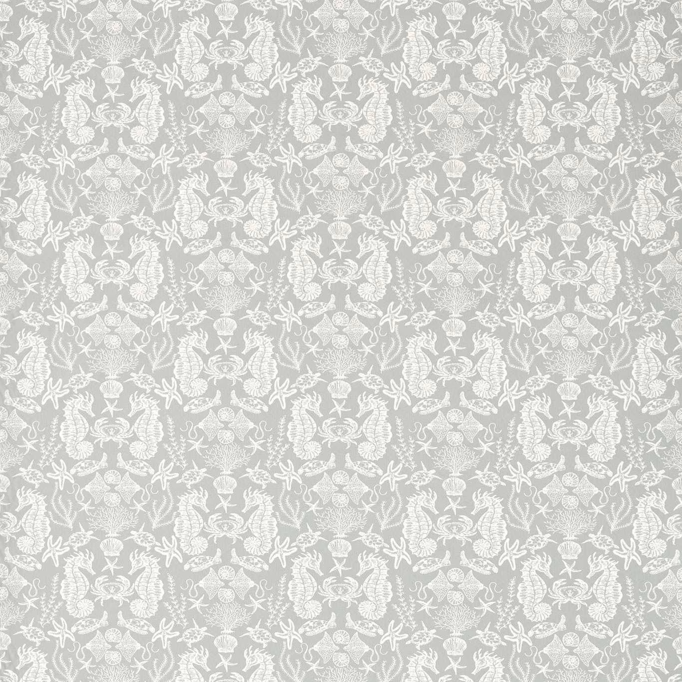 Pale smoke-grey fabric with white shells, starfish and coral-like ornamental motifs