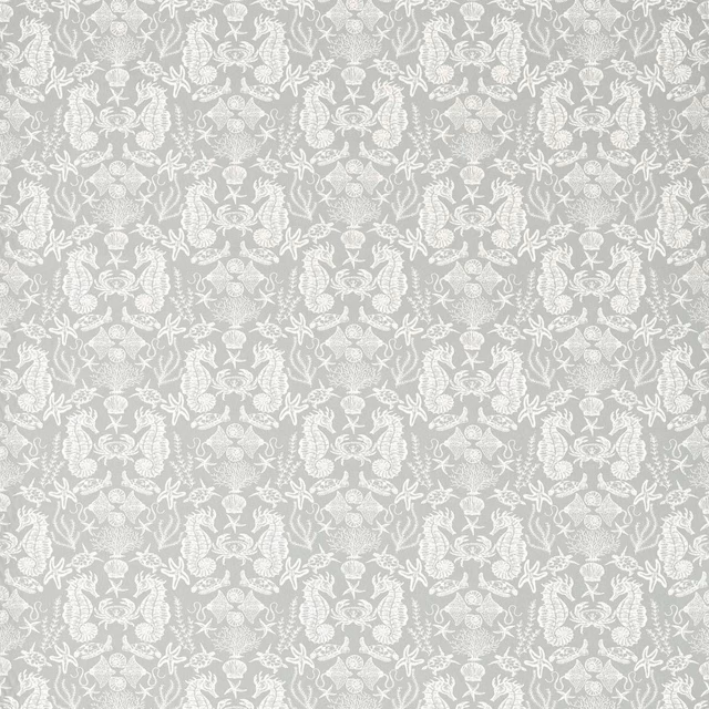 Pale smoke-grey fabric with white shells, starfish and coral-like ornamental motifs