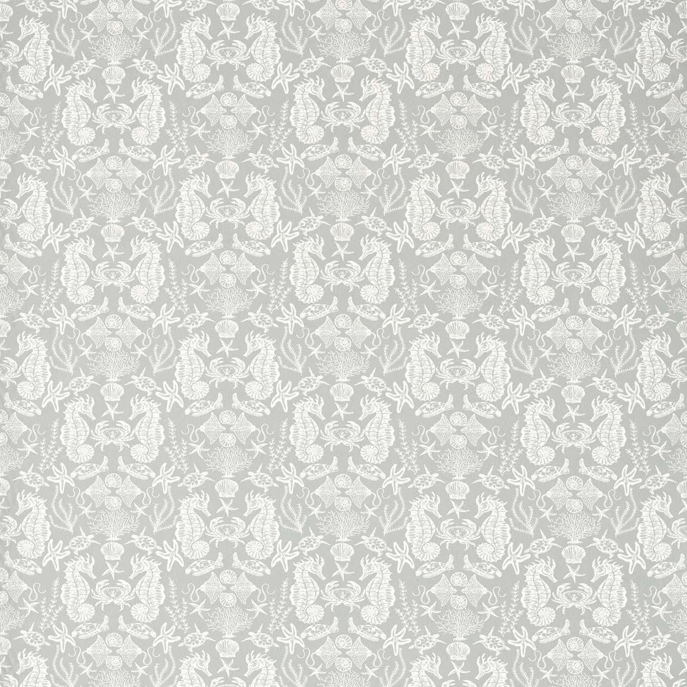 Pale aqua-grey fabric with dense white sea-inspired botanical motifs and subtle tonal texture