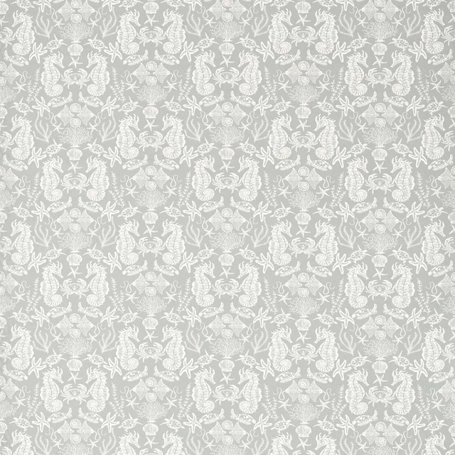 Pale aqua-grey fabric with dense white sea-inspired botanical motifs and subtle tonal texture
