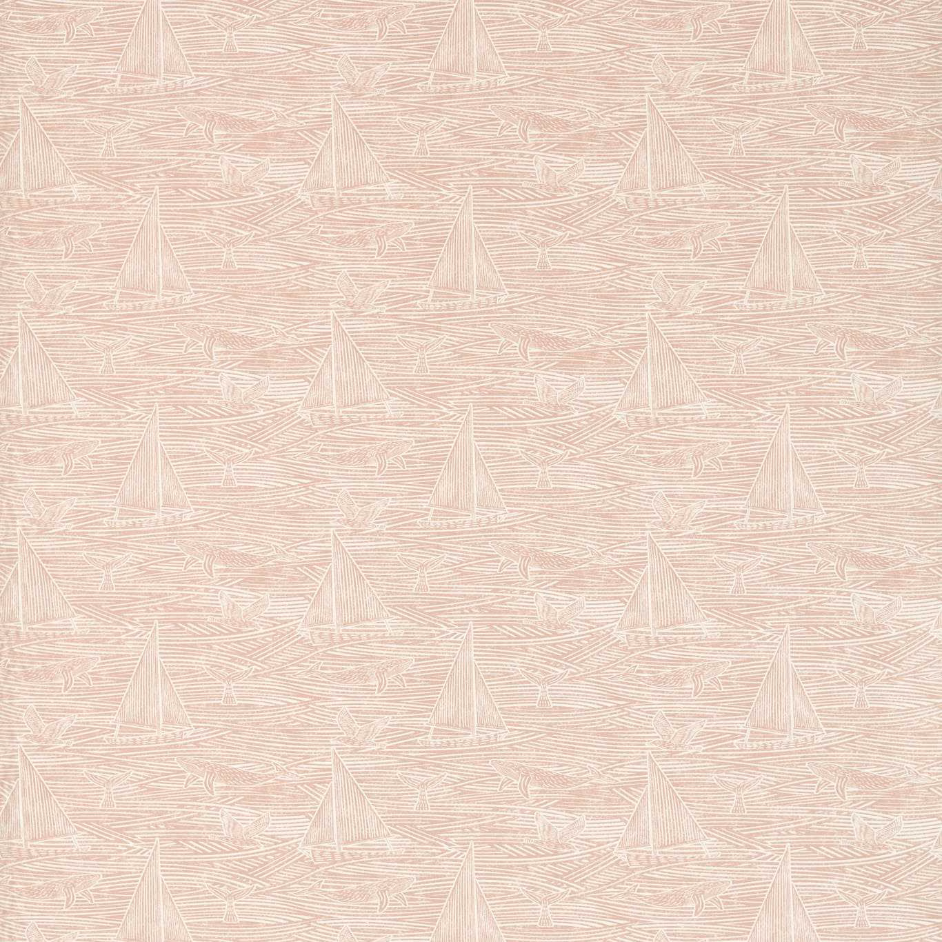 Blush pink fabric with pale sailboats and fine horizontal wave-like linework