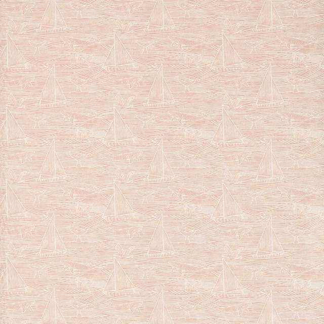 Blush pink fabric with pale sailboats and fine horizontal wave-like linework