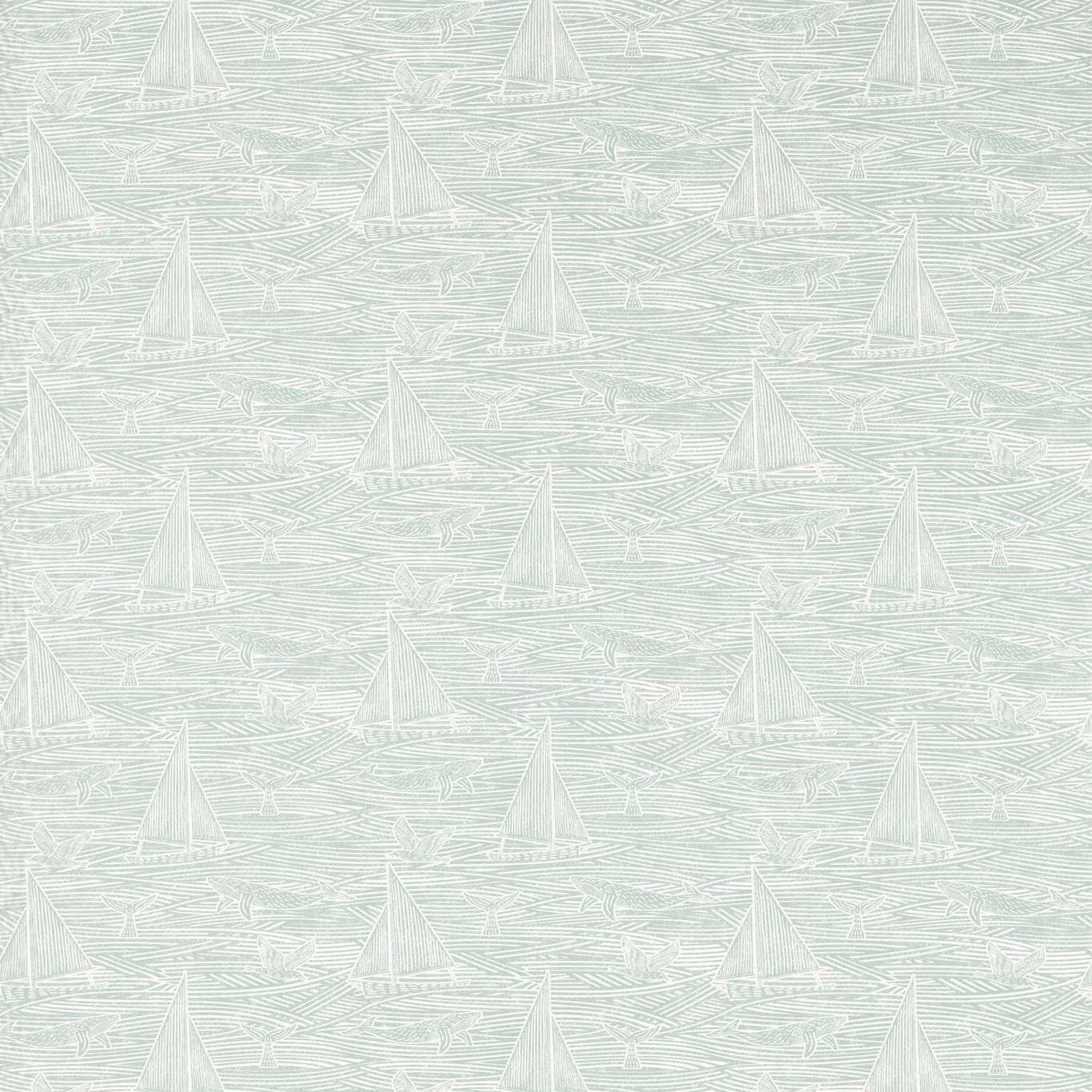 Pale mineral aqua fabric with white sailboats and fine rippling linework