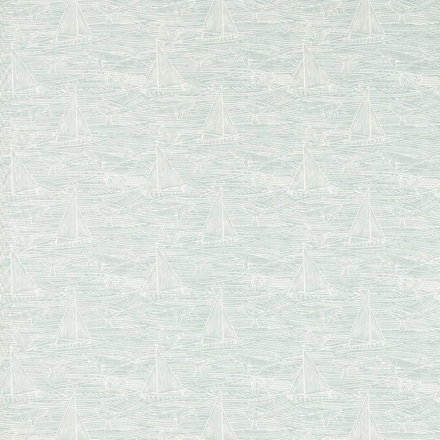 Pale mineral aqua fabric with white sailboats and fine rippling linework