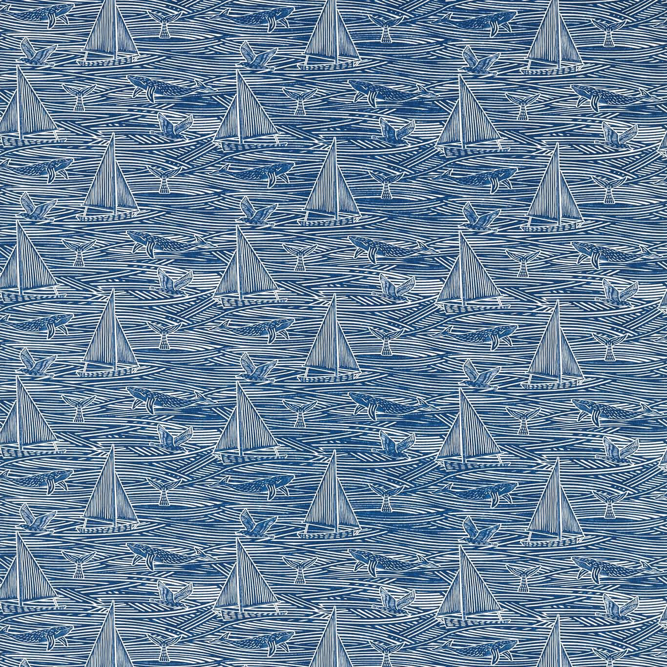 Deep navy fabric with pale sailboats, gulls and layered horizontal wave lines