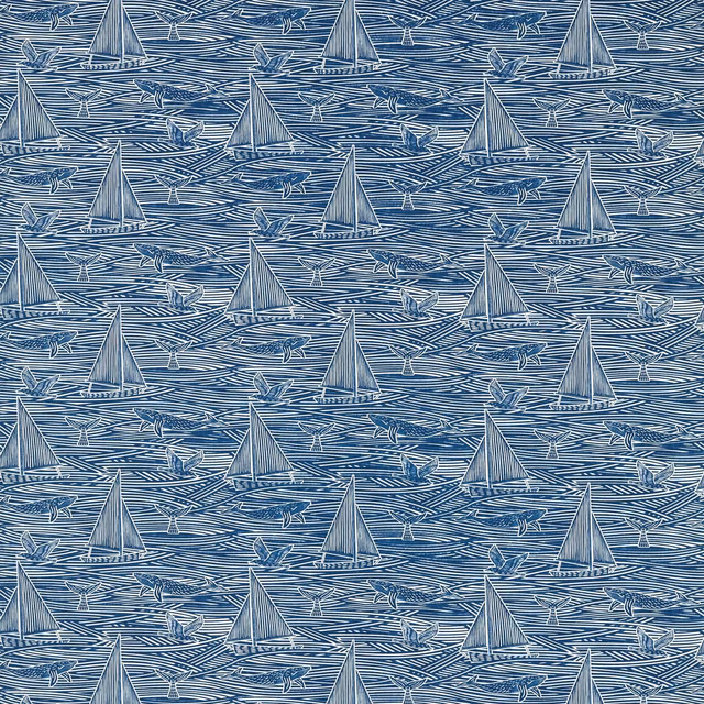 Deep navy fabric with pale sailboats, gulls and layered horizontal wave lines