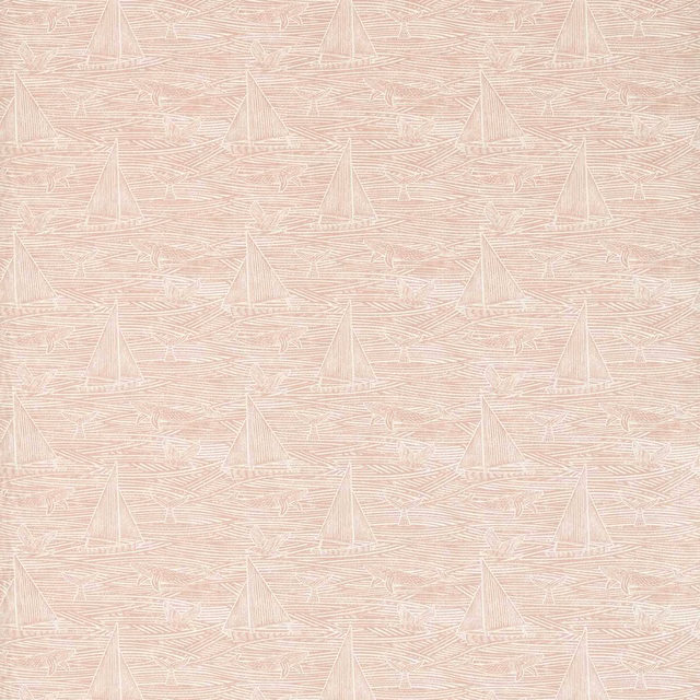 Pale blush fabric with white sailboats and fine horizontal sketch lines
