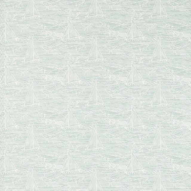 Pale mineral-grey sailboats and fine white linework over a softly striated ground