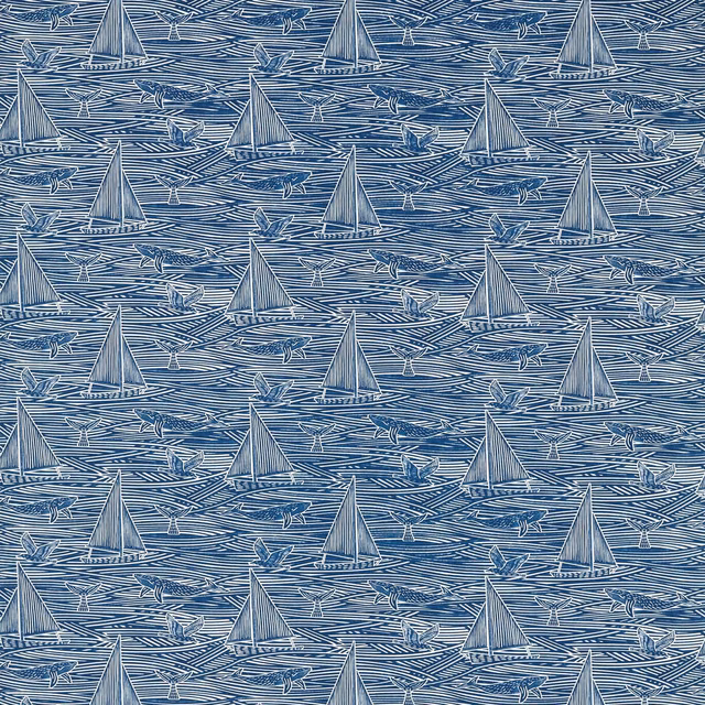 Deep navy fabric with pale sailboats, seabirds and horizontal wave lines