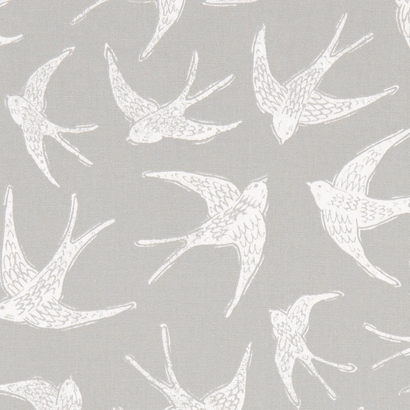 Ivory swallows in flight across a cool grey woven fabric ground