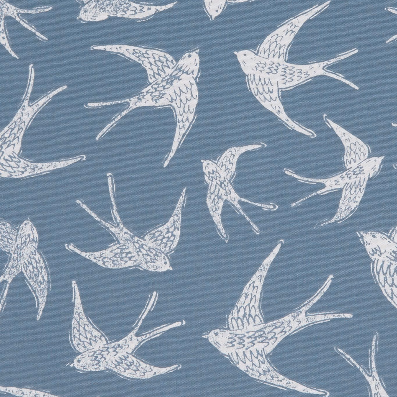 Muted navy woven fabric with ivory flying swallows and fine feather detailing
