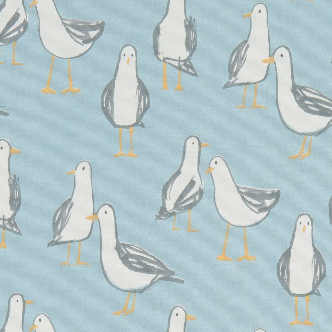 Muted duck-egg blue fabric with white gulls, grey wings and mustard legs