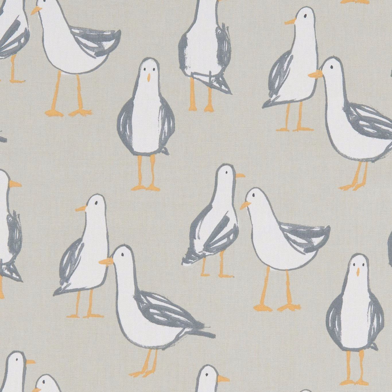 White gulls with slate wings and ochre legs on muted taupe woven fabric