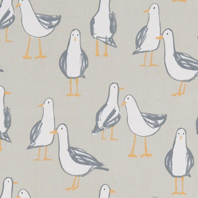 White gulls with slate wings and ochre legs on muted taupe woven fabric